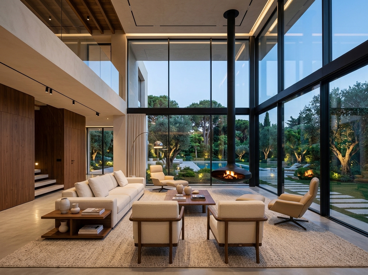 Minimalist salon interior with suspended fire table
