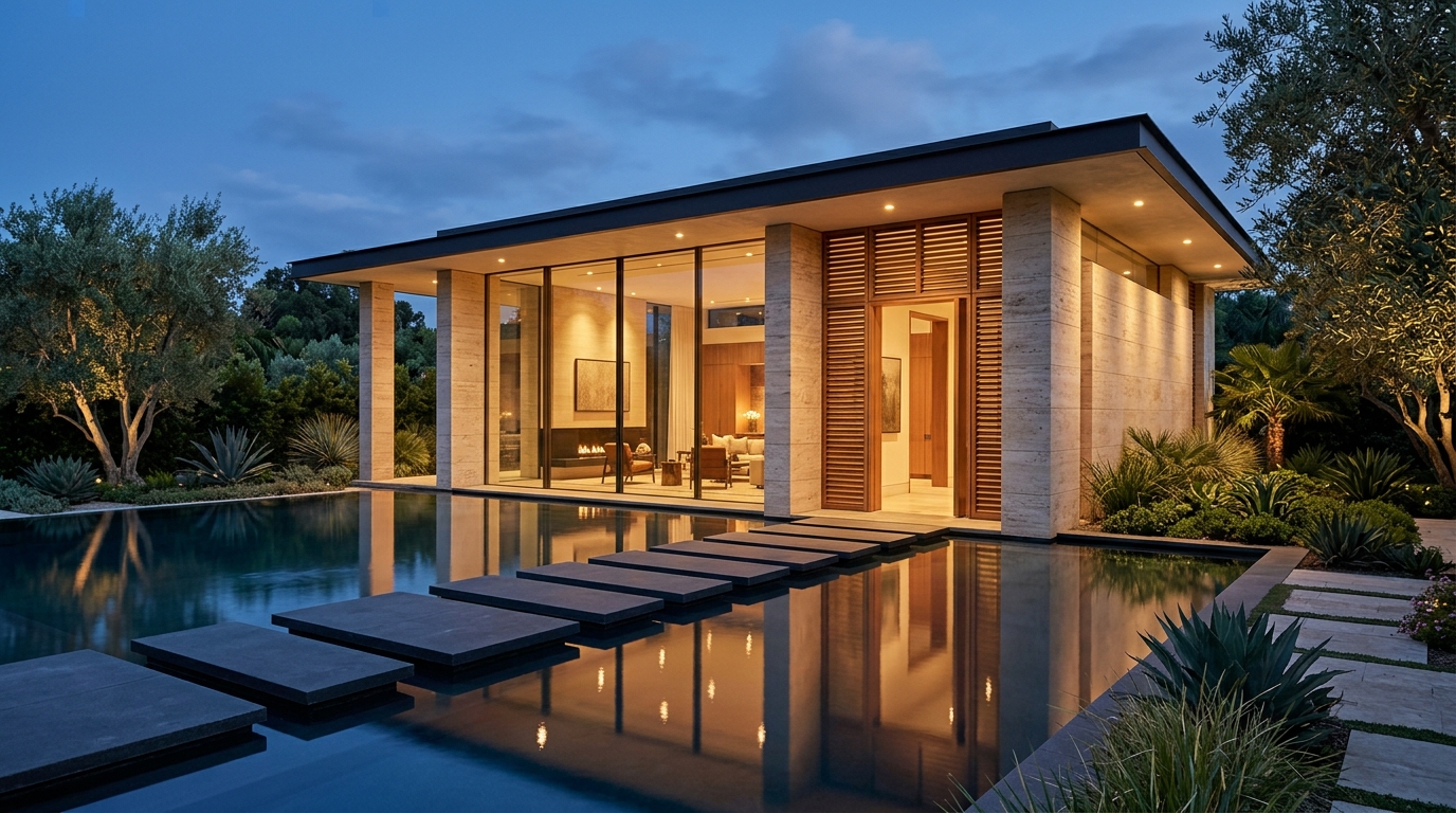 Travertine limestone modern pavilion with reflecting pool